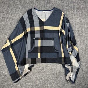 Dear Apple Poncho Top Womens L Blue Plaid V-Neck Kangaroo Pocket Knit Preppy Ivy
